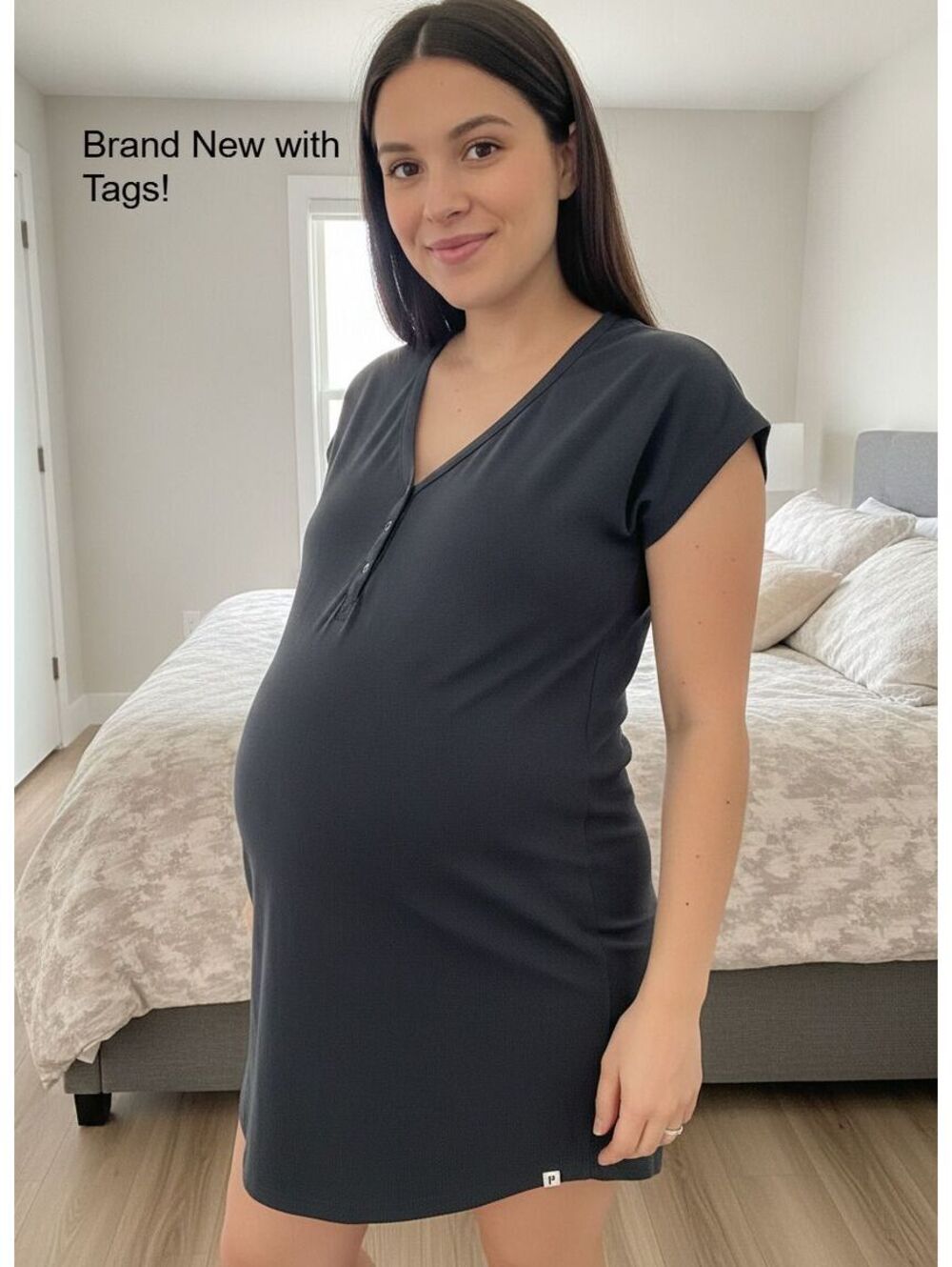 New! Pact Organic Cotton Black V-Neck Short Sleeve Maternity Tunic Shirt Size L